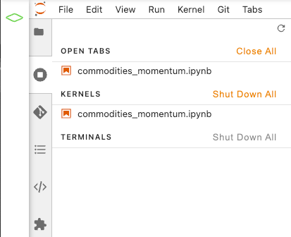 Kernels can be managed via the Terminals and Kernels browser in the left sidebar